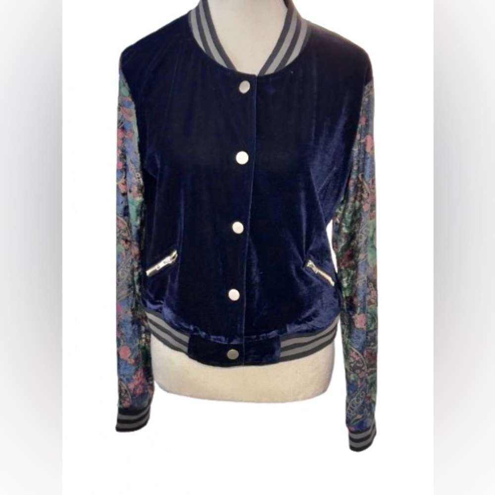 Velour Bomber POL Floral Jacket Navy Blue Small Stripes Letterman Velvet Boho